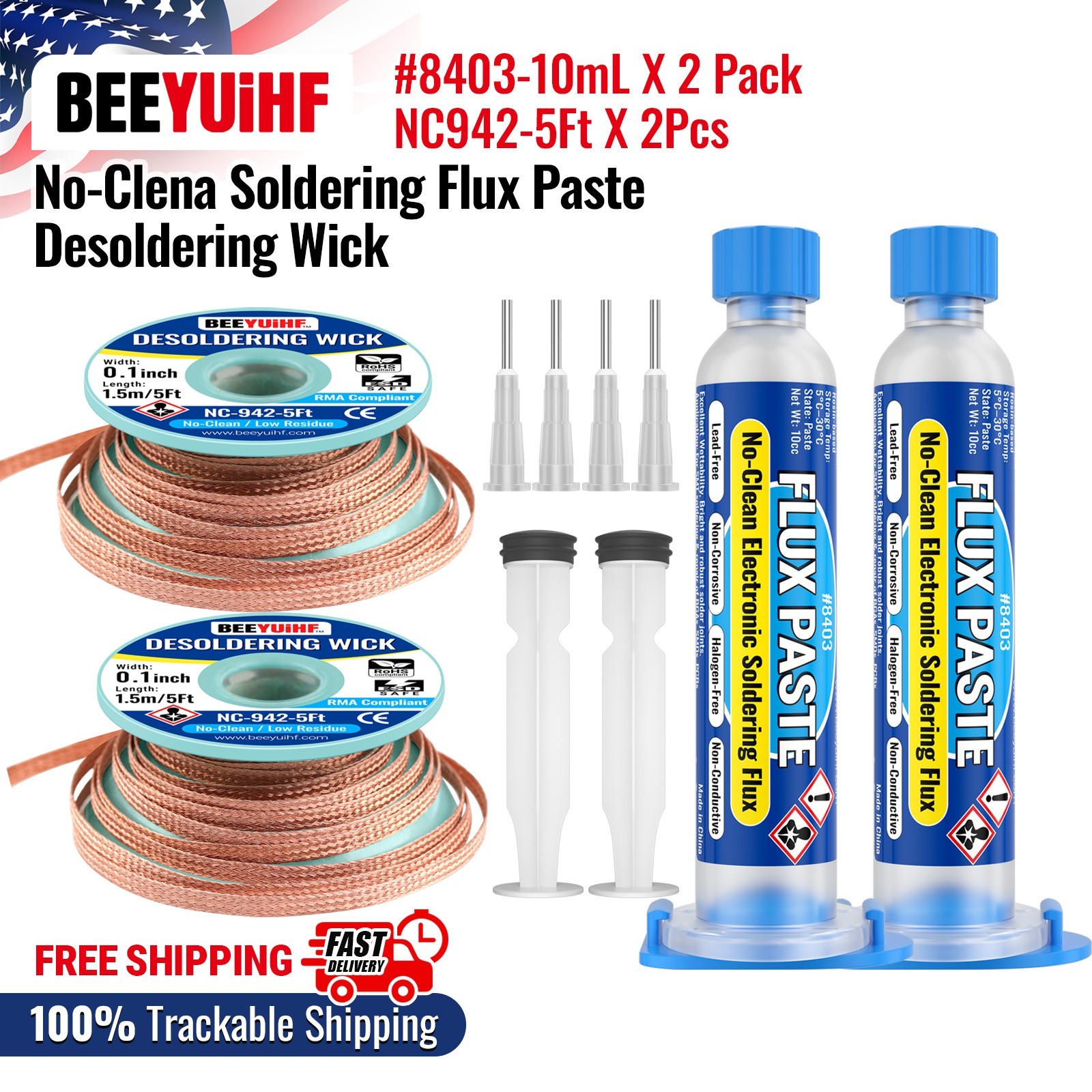 BEEYUIHF 2PCS 10mL No Clean Soldering Flux, 2PCS Desoldering Wick Braid 5ft 