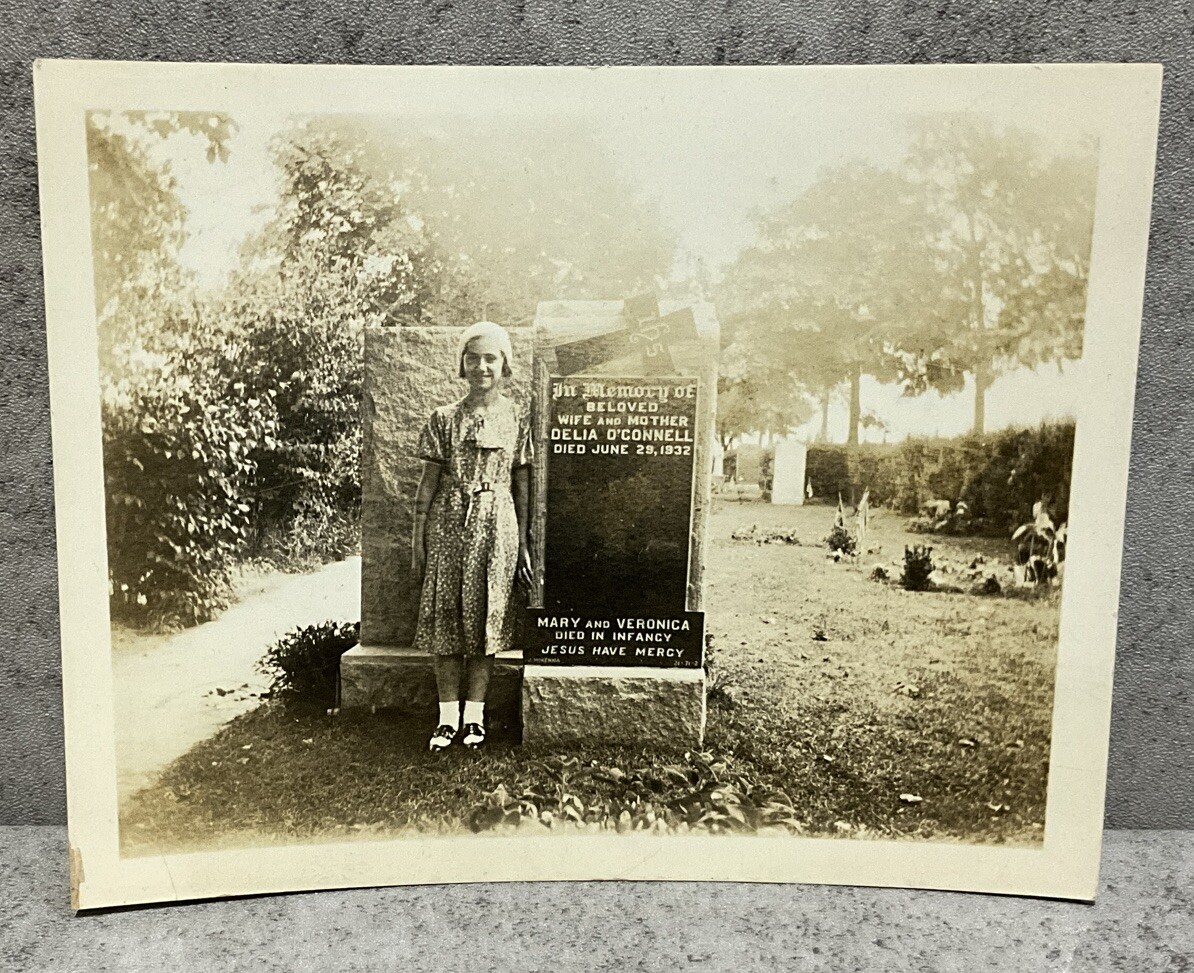 1930s Photo Girl Posing at Family Gravestone O\'Connell Cemetery Plot