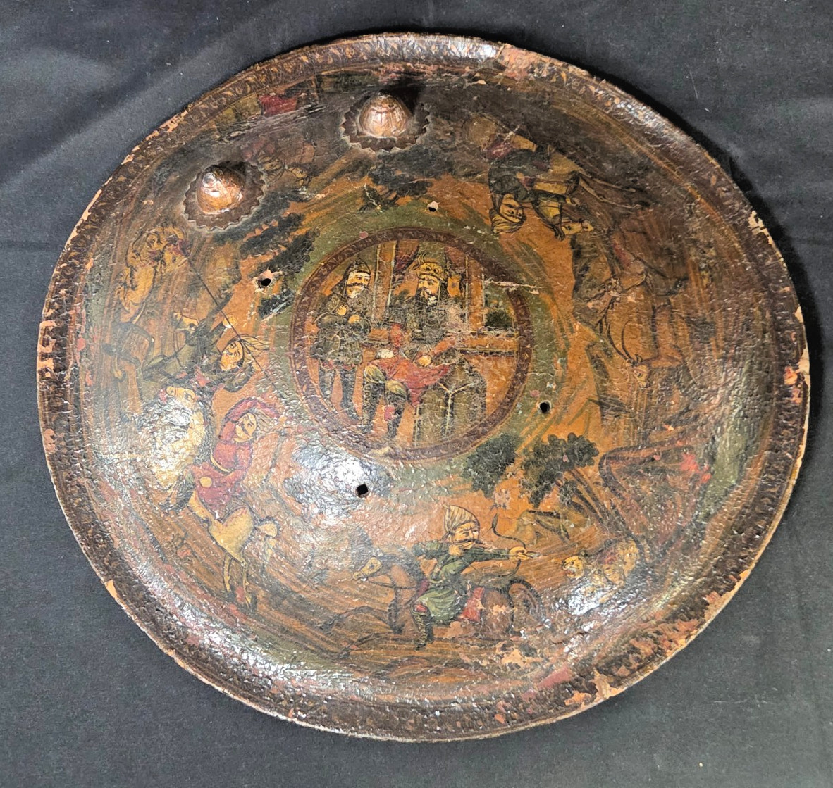19th Century Indian Mughal Indo-Persian Shield, leather painted with hunting