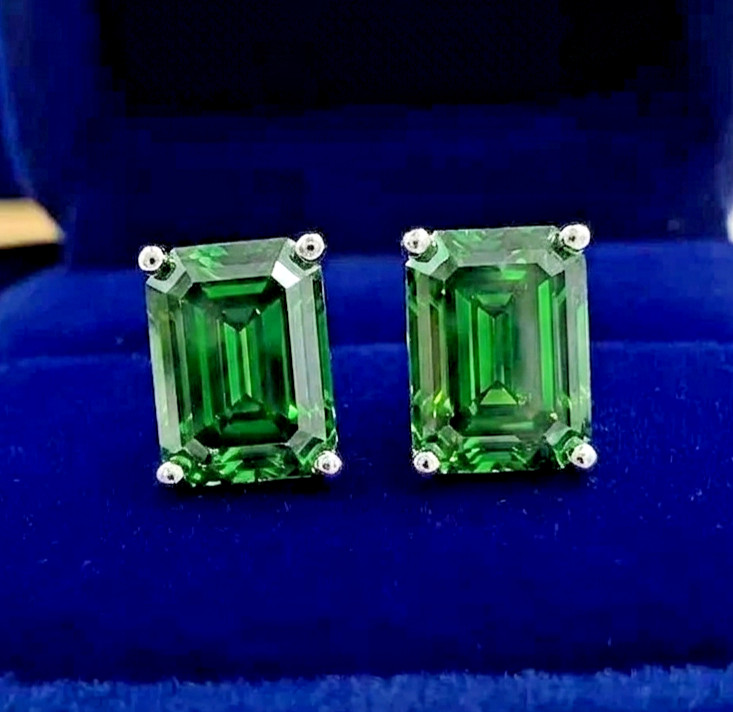 RARE 5 Ct Certified Leaf Green Diamond Solitire Studs-Great Luster FREE Tariffs