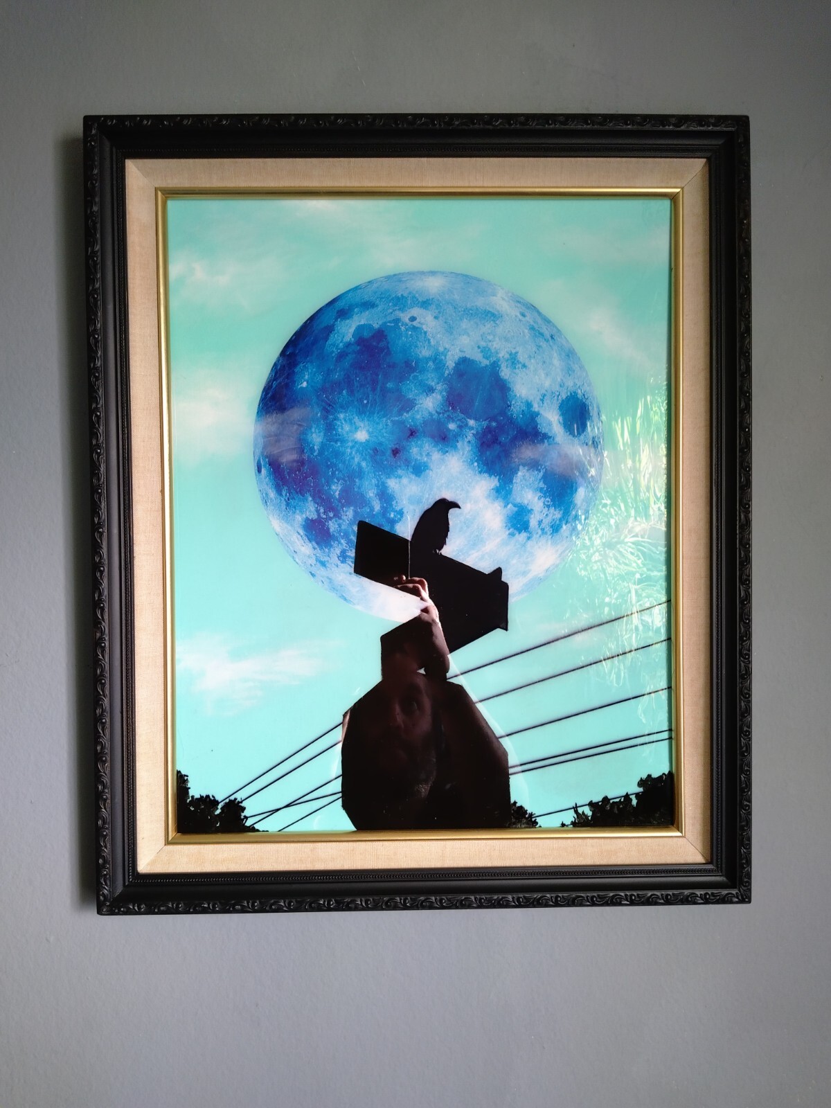 Original Painting Glow in the Dark Moon Silhouette Art in Vintage Frame TRIPPY