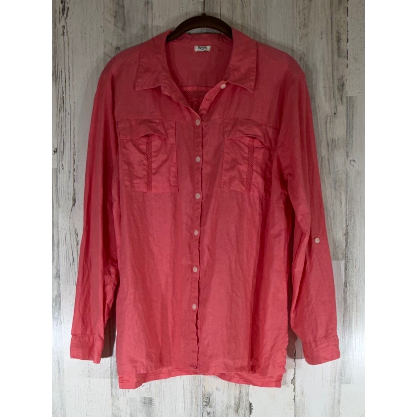 Symple NYC Linen Button Down Size Large Coral Pink Roll Tab Sleeve Side Vents