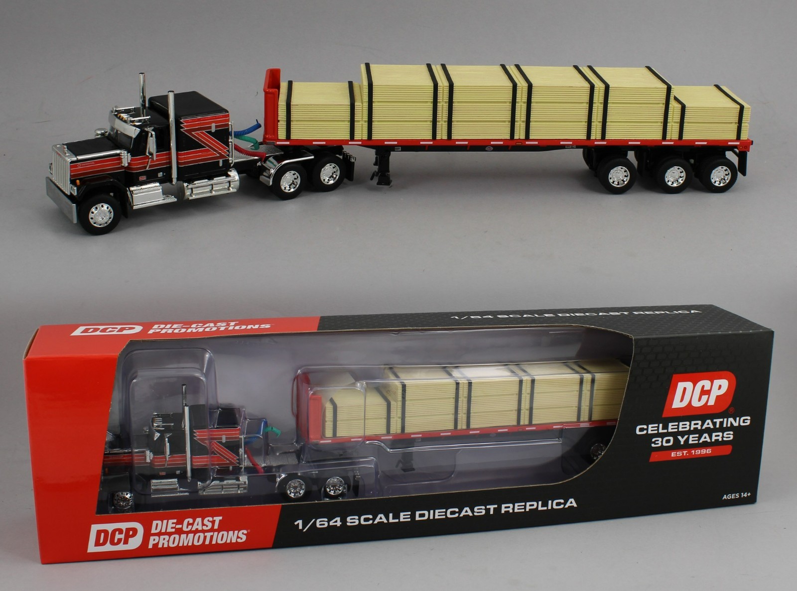 DCP 1:64 *BLACK & RED* GMC General Flattop w/48\' Flatbed Trailer & Lumber Load