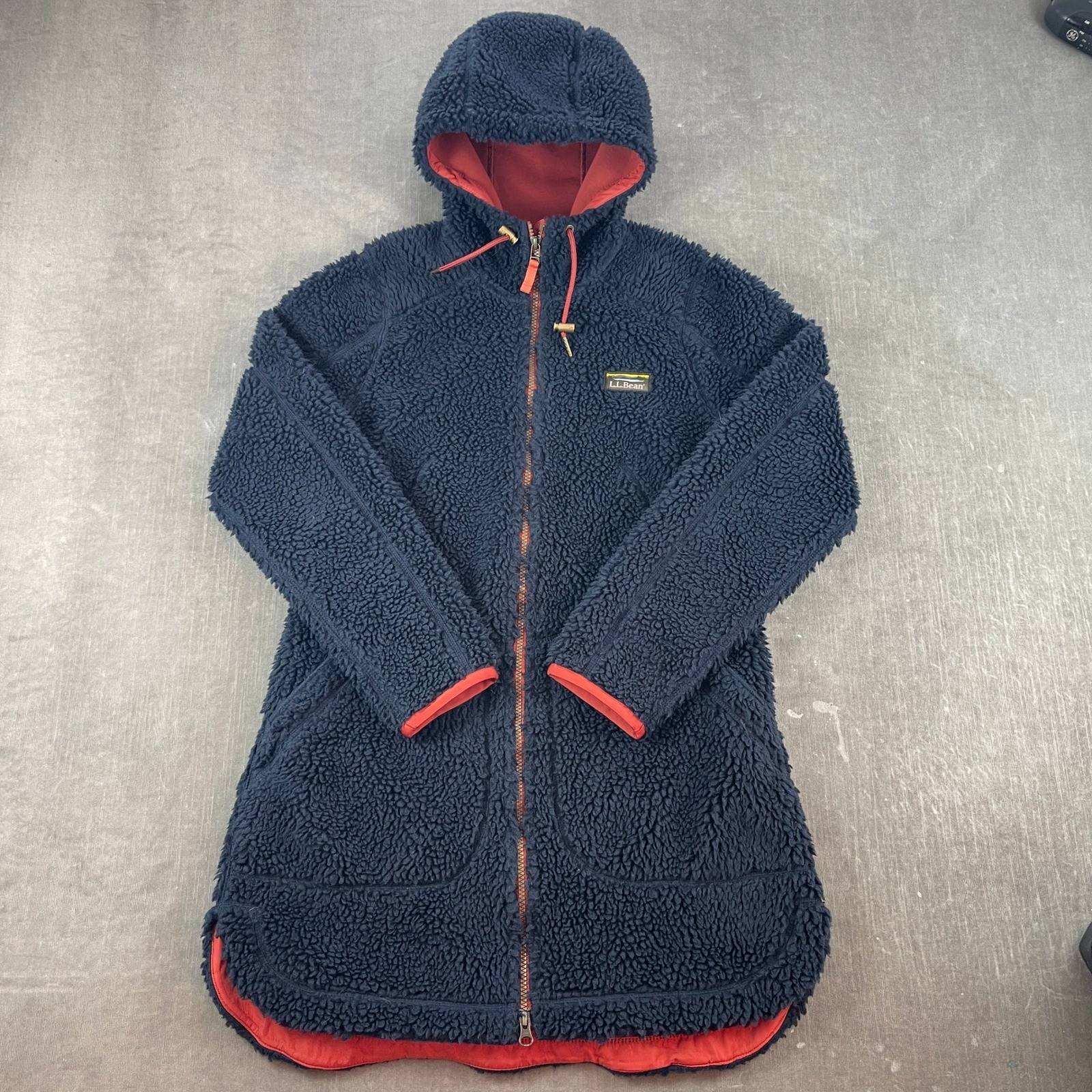 L.L. Bean Womens Small Navy Blue Sherpa Fleece Hooded Longline Parka Jacket