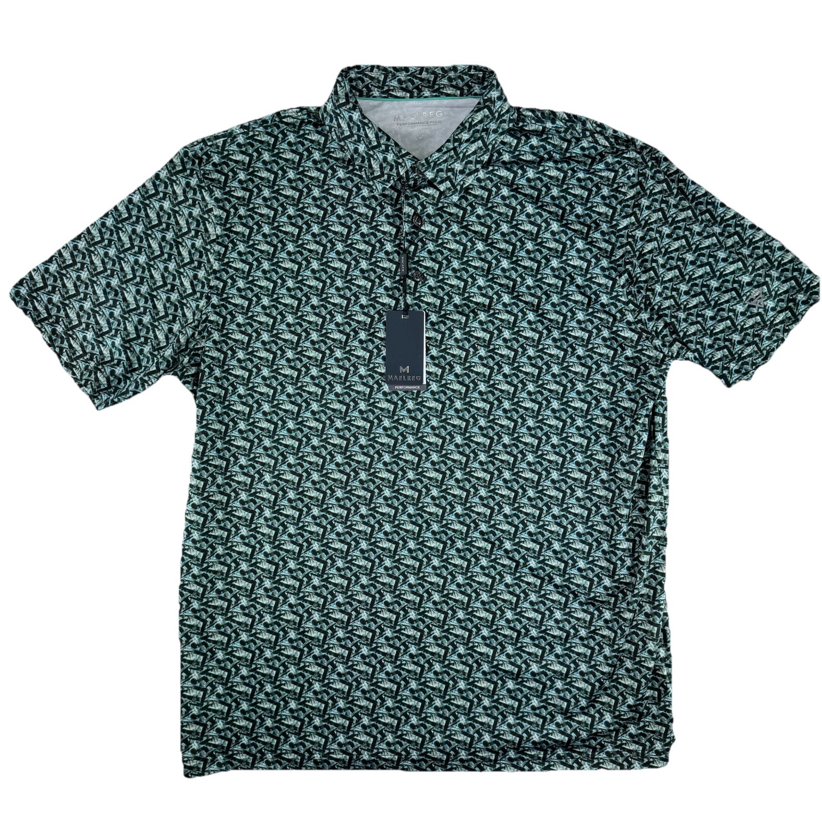 Maelreg Performance Golf Polo Shirt Mens XL Green Geometric Print 4 Way Stretch Maelreg Performance Golf Polo Shirt Mens XL Green Geometric Print 4 Way Stretch