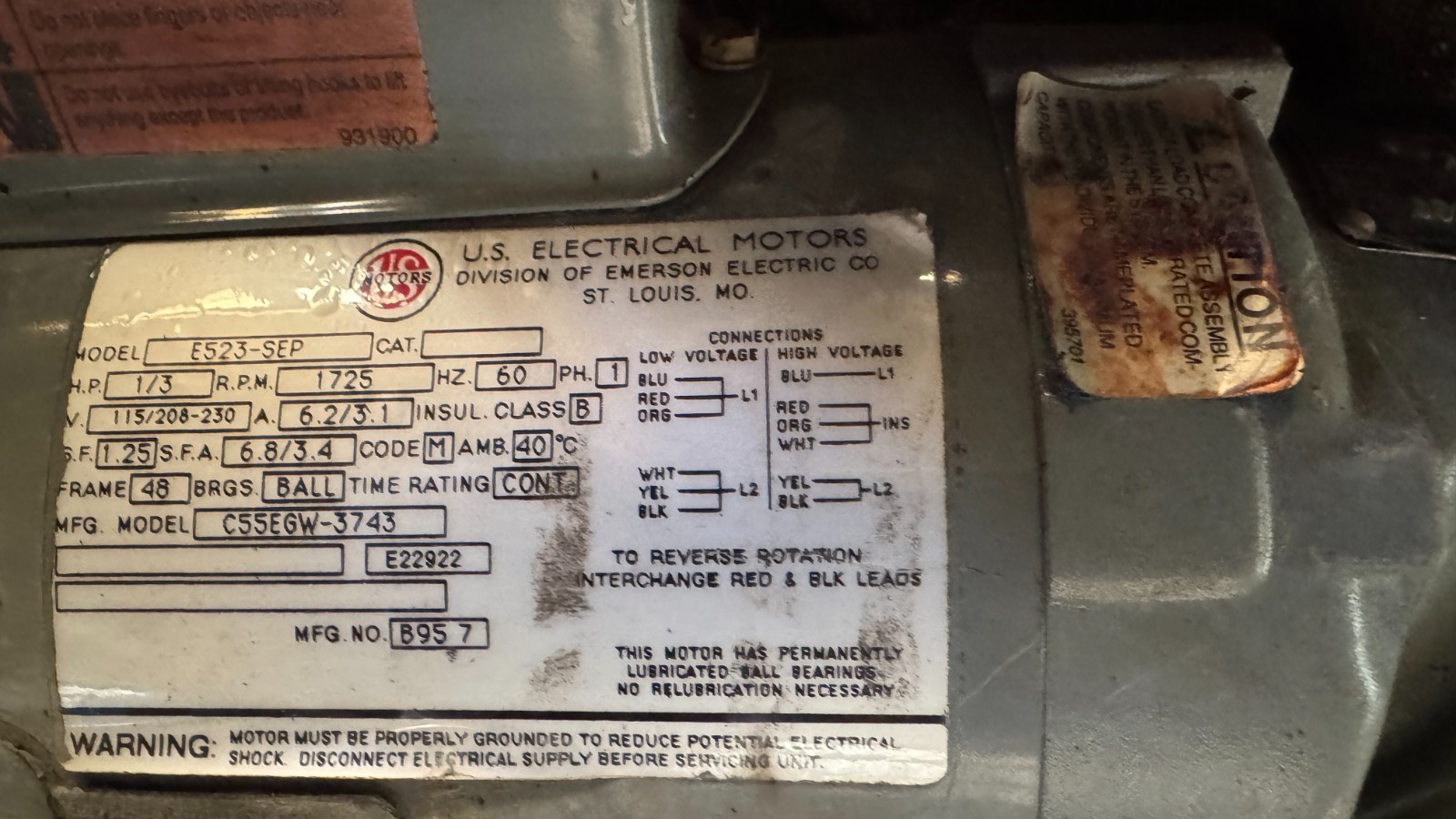 US Electrical 1/3 HP 115/208/230 E523-SEP 1 PH 1.25 S.F. 6.8/3.1 FLA US Electrical 1/3 HP 115/208/230 E523-SEP 1 PH 1.25 S.F. 6.8/3.1 FLA