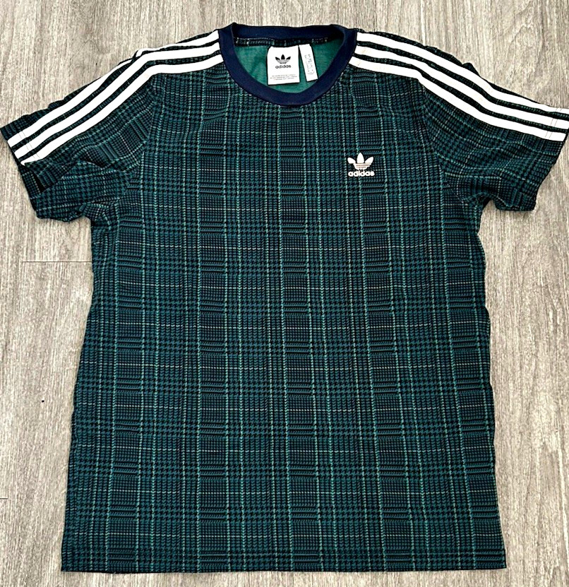 adidas Originals Trefoil 3-Stripes Green Plaid Crew Neck Tee Men\'s M ED7034