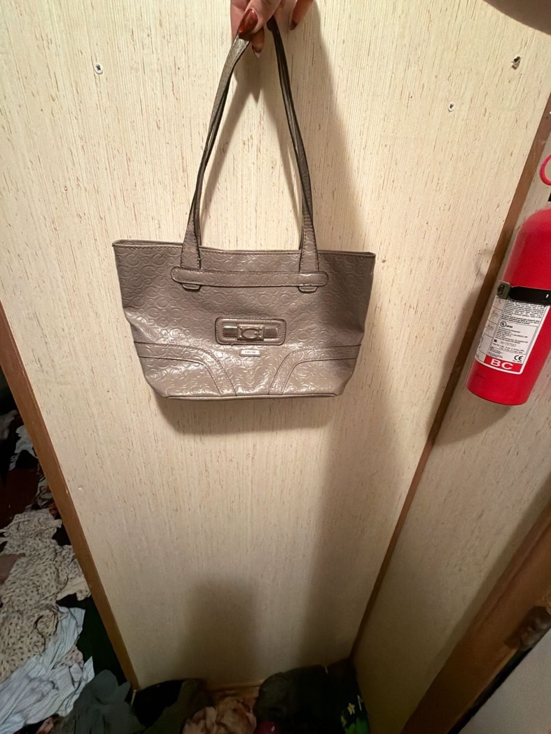 Guess Logo Embossed Metallic Tote Bag Bronze Guess Logo Embossed Metallic Tote Bag Bronze