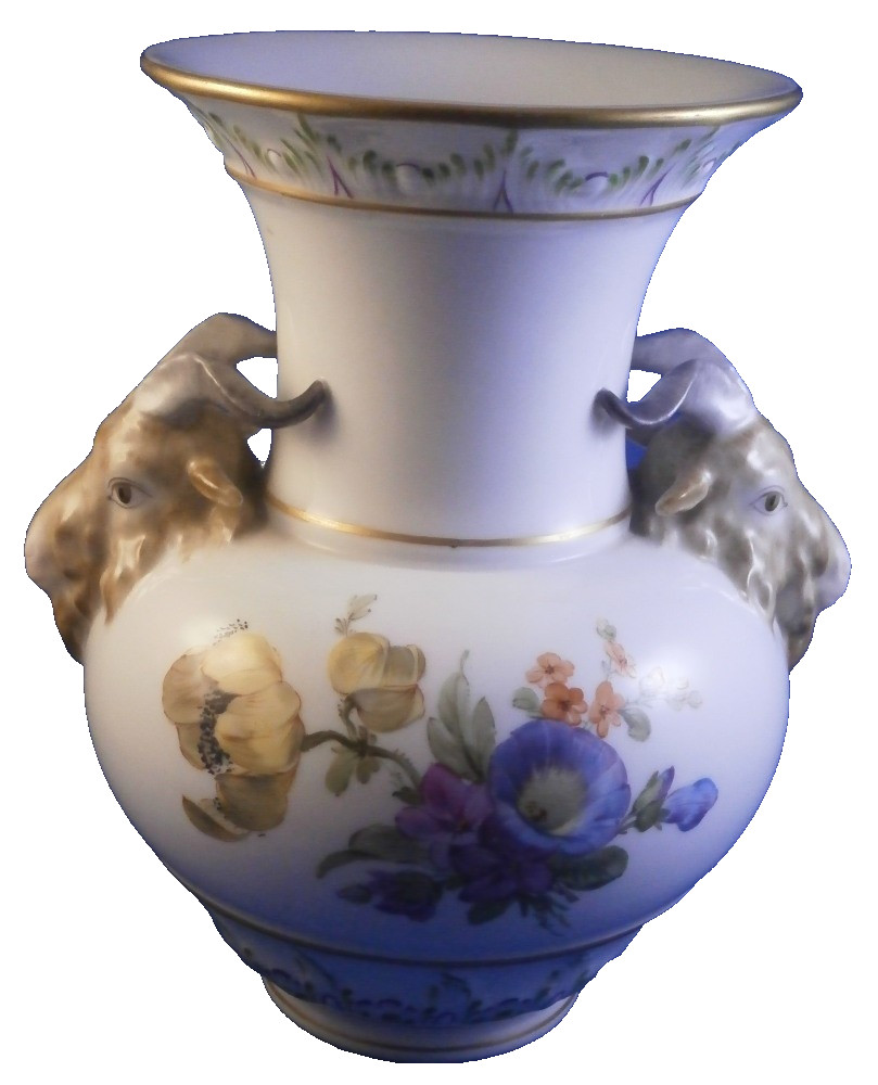 Antique KPM Berlin Porcelain Floral Ram Goat Head Vase Porzellan German Germany