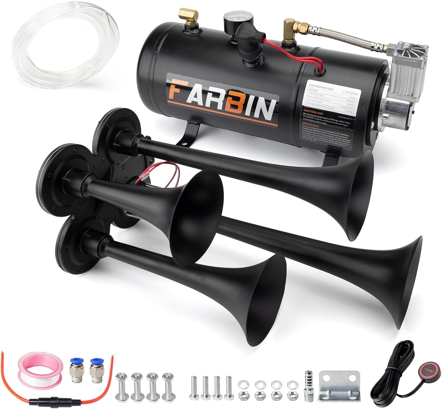 FARBIN 178DB 4 Trumpet Horns Train Horn Kit 0.8 gal 12v black air horn kit FARBIN 178DB 4 Trumpet Horns Train Horn Kit 0.8 gal 12v black air horn kit
