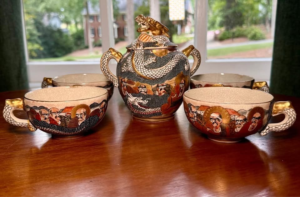 Antique Meiji Japanese Satsuma Dragon Immortals Tea Cups (5) & Sugar Bowl Signed