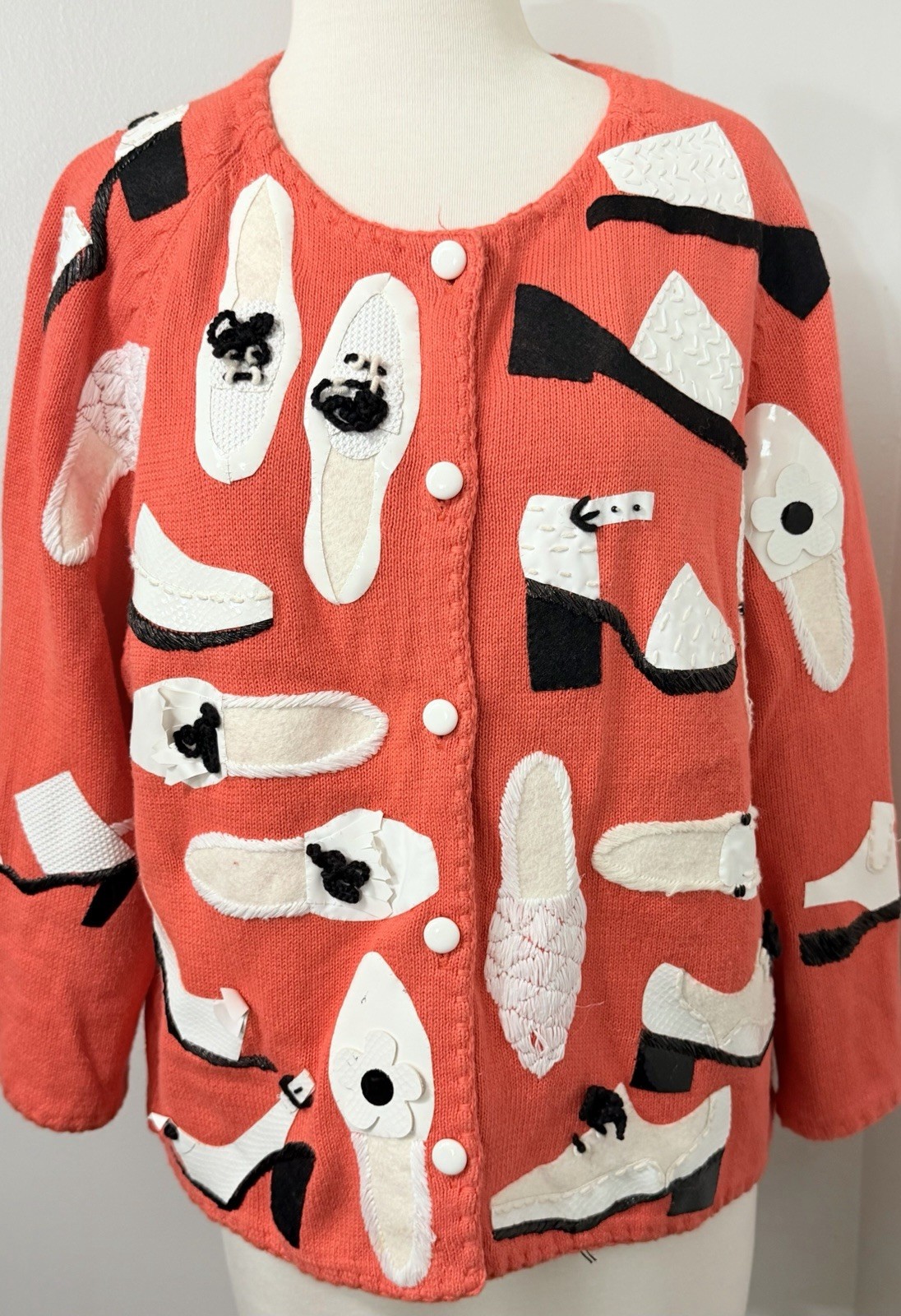 Vtg Michael Simon NY Womens Sz XL Pink Shoe Cardigan Novelty Appliqué Sweater