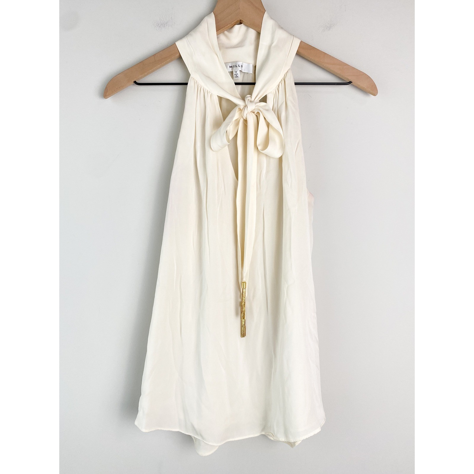 Milly Womens Silk Tie Neck Blouse 2 Ivory Quiet Luxury Old Money Sleeveless