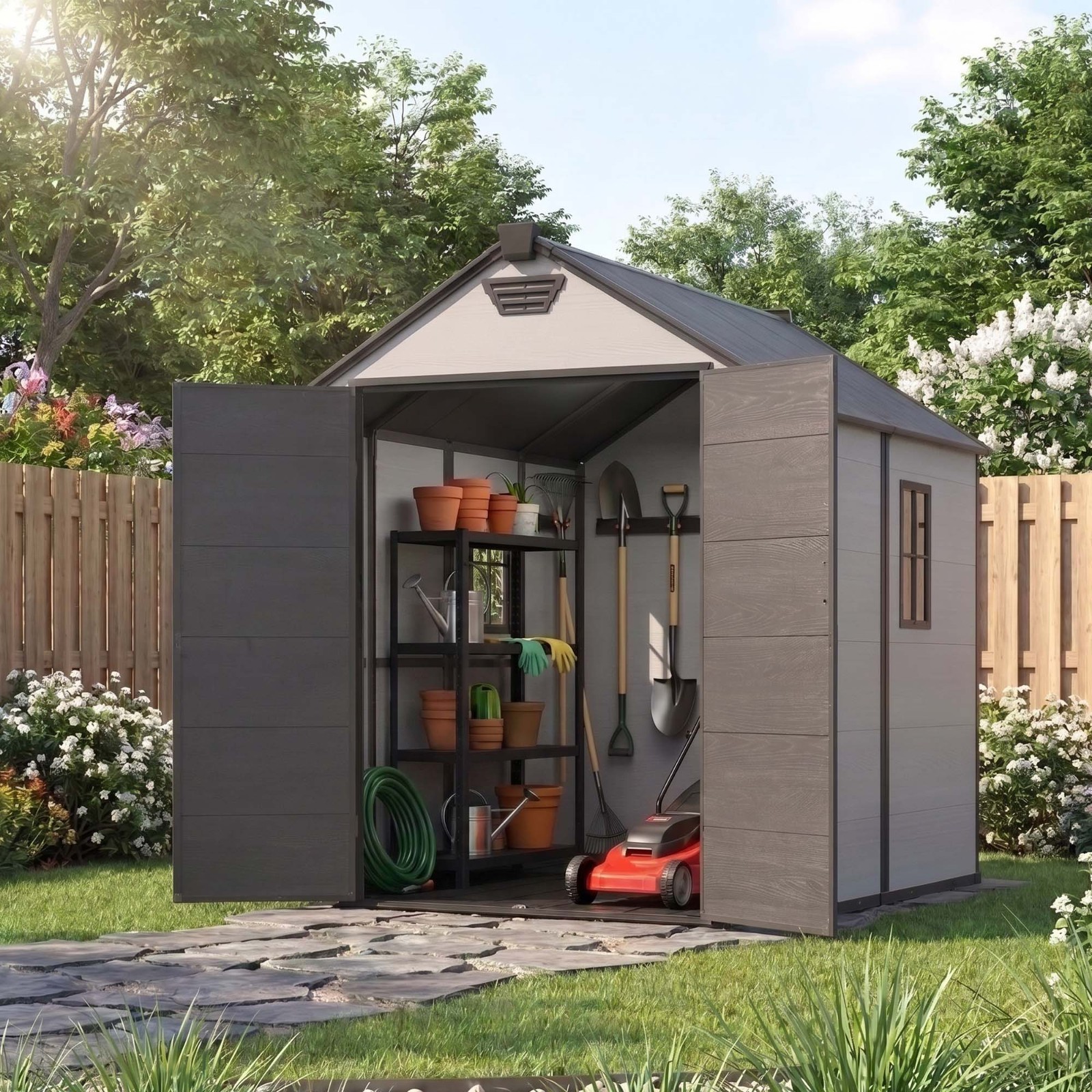 6x8 FT Outdoor Resin Storage Plastic Garden Shed with Floor and windows