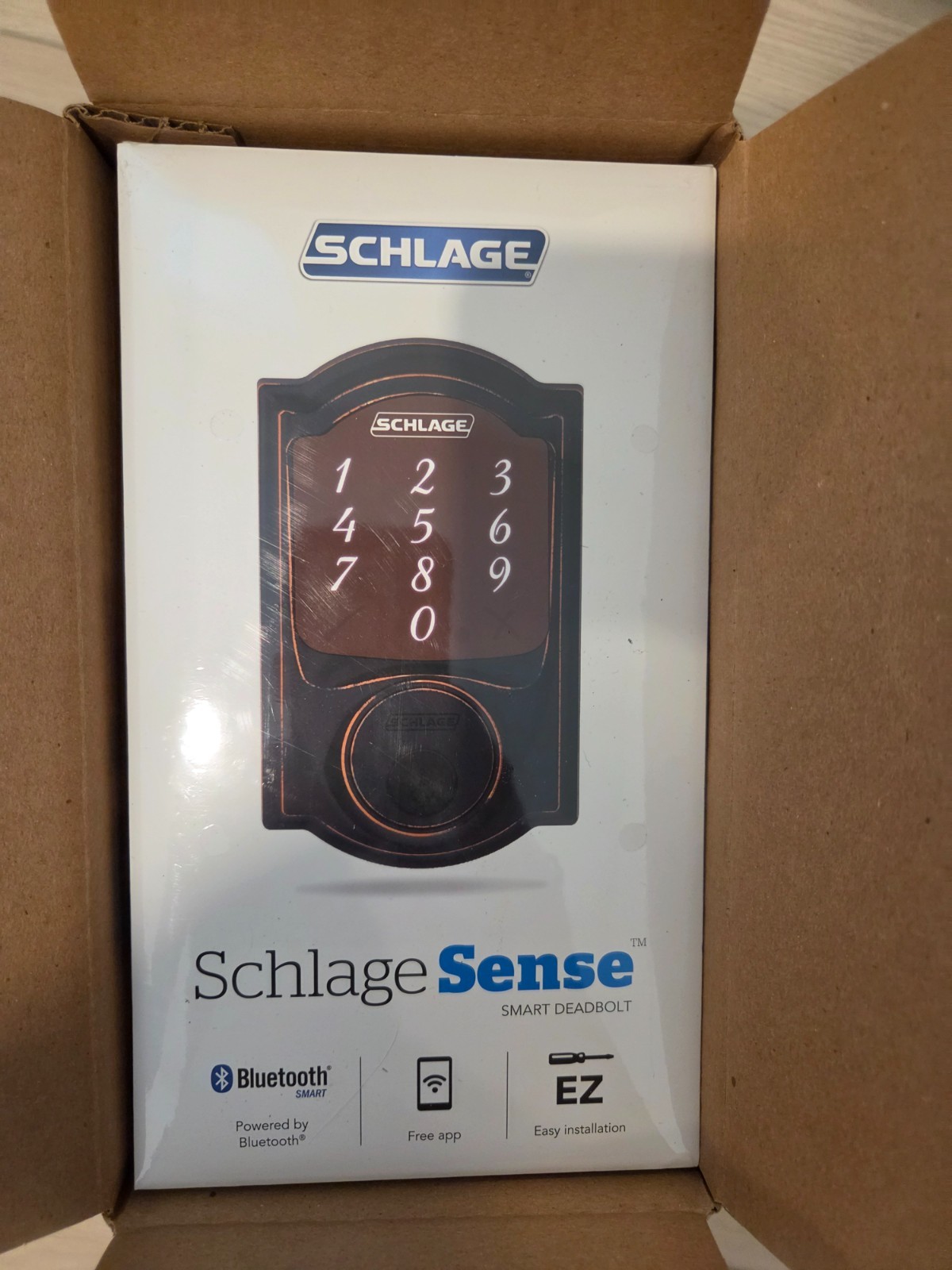 NEW Schlage Sense Smart Lock Deadbolt + Matching Camelot Handleset - Aged Bronze NEW Schlage Sense Smart Lock Deadbolt + Matching Camelot Handleset - Aged Bronze