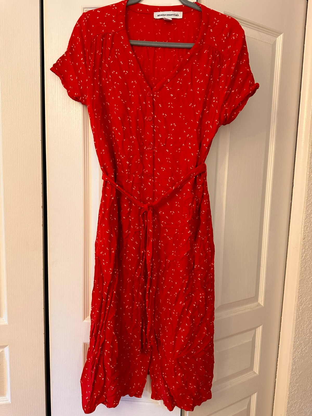 dress, Amazon Essentials, Med., Red, flower design, comfortable, short sleeve dress, Amazon Essentials, Med., Red, flower design, comfortable, short sleeve