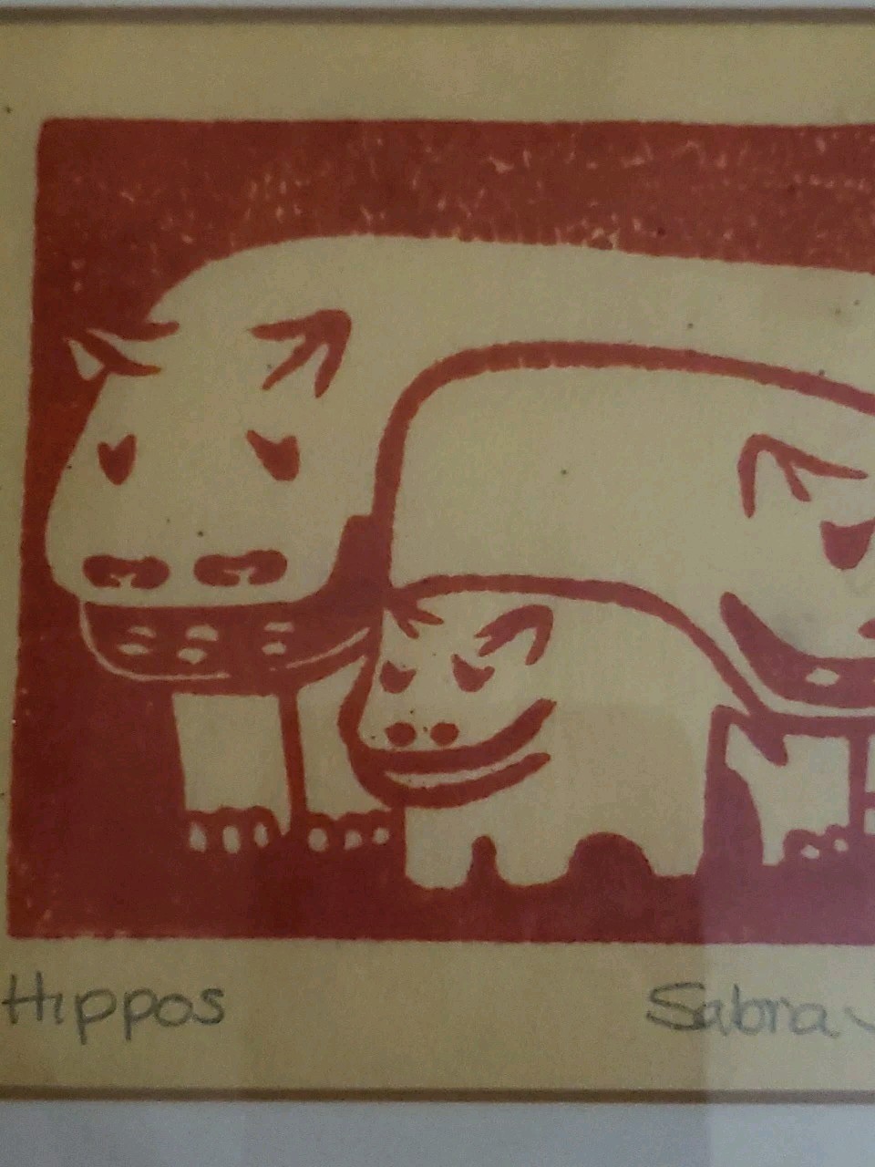 Rare Early Sabra Field Johnson Original Woodcut Print Hippos Signed 1960s Art