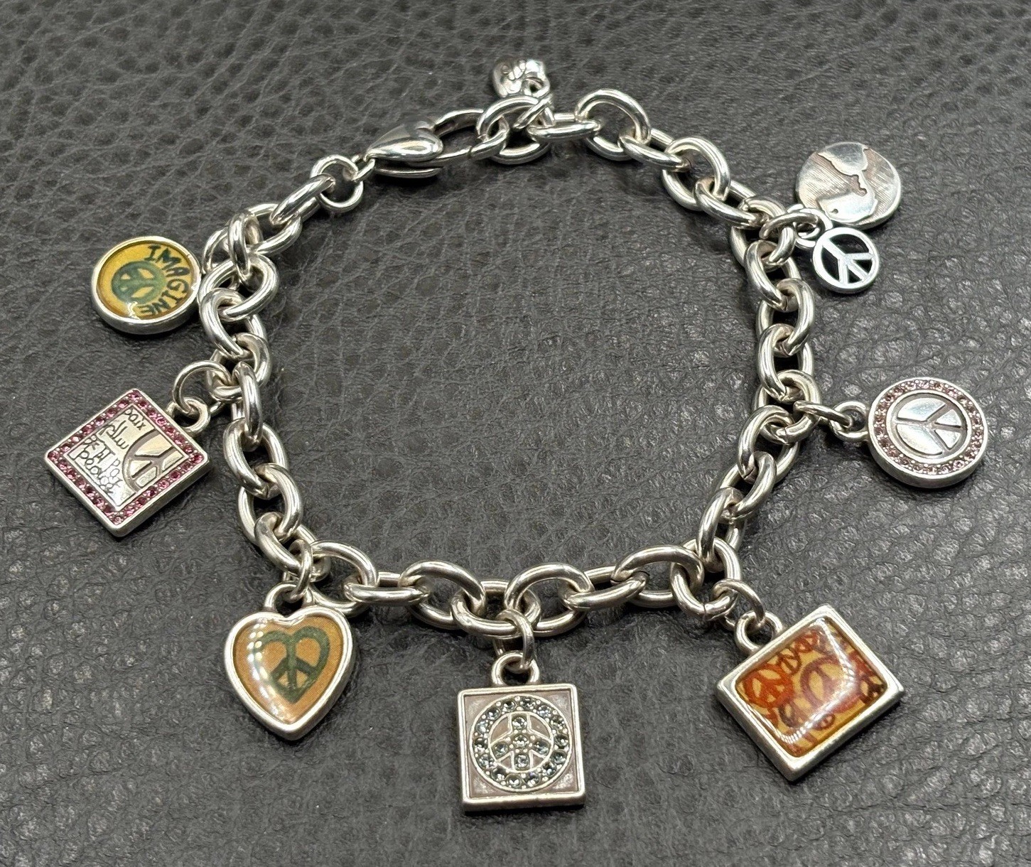 Brighton Charm Bracelet Peace Love Imagine Dove Heart Enamel Crystal Charms