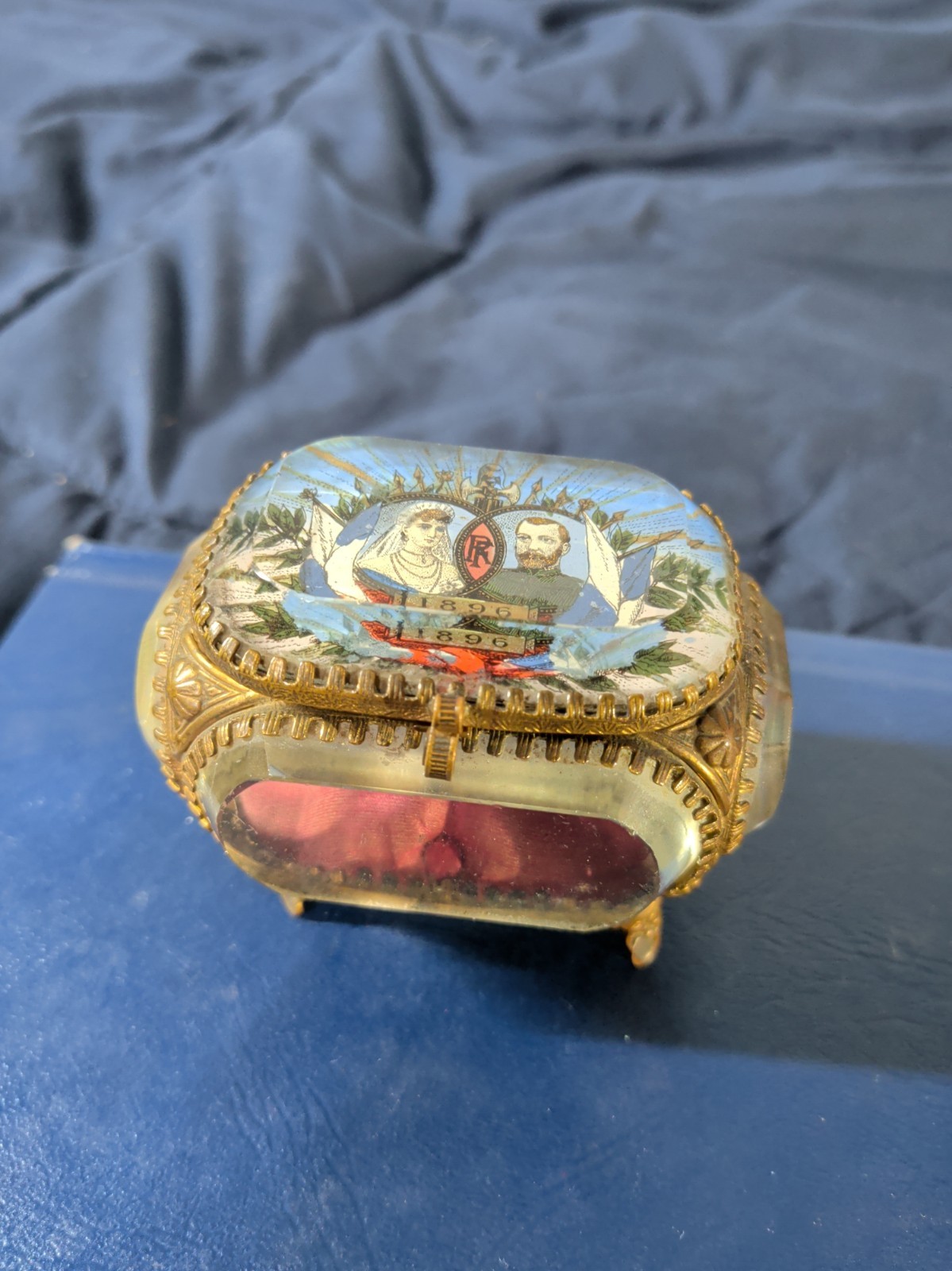 1896 French Brass & Beveled Glass Jewelry Casket W/ Tzar Nicholas & Alexandra 1896 French Brass & Beveled Glass Jewelry Casket W/ Tzar Nicholas & Alexandra