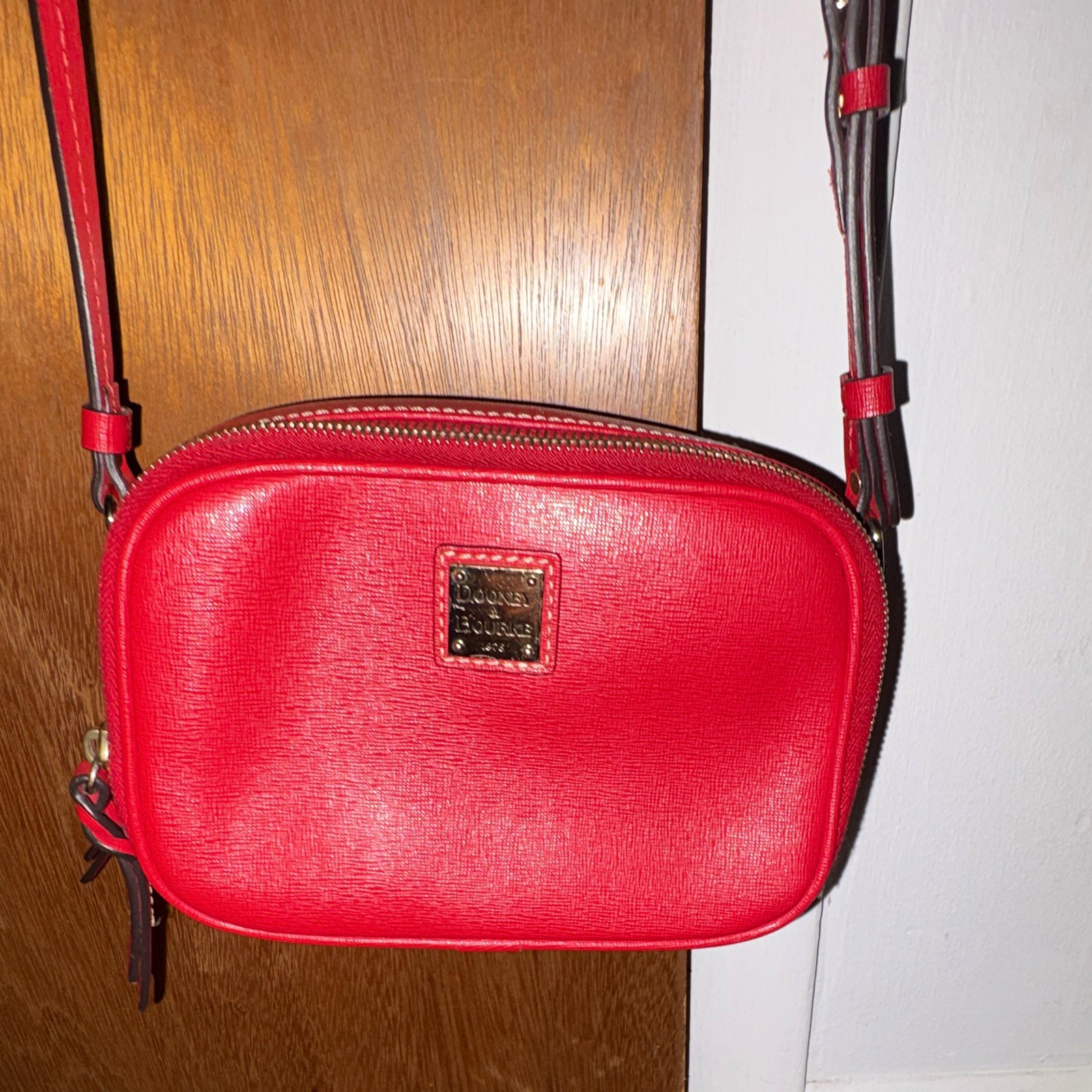 Dooney & Bourke Red Small Zip Crossbody Bag Adjustable Strap Gold Hardware