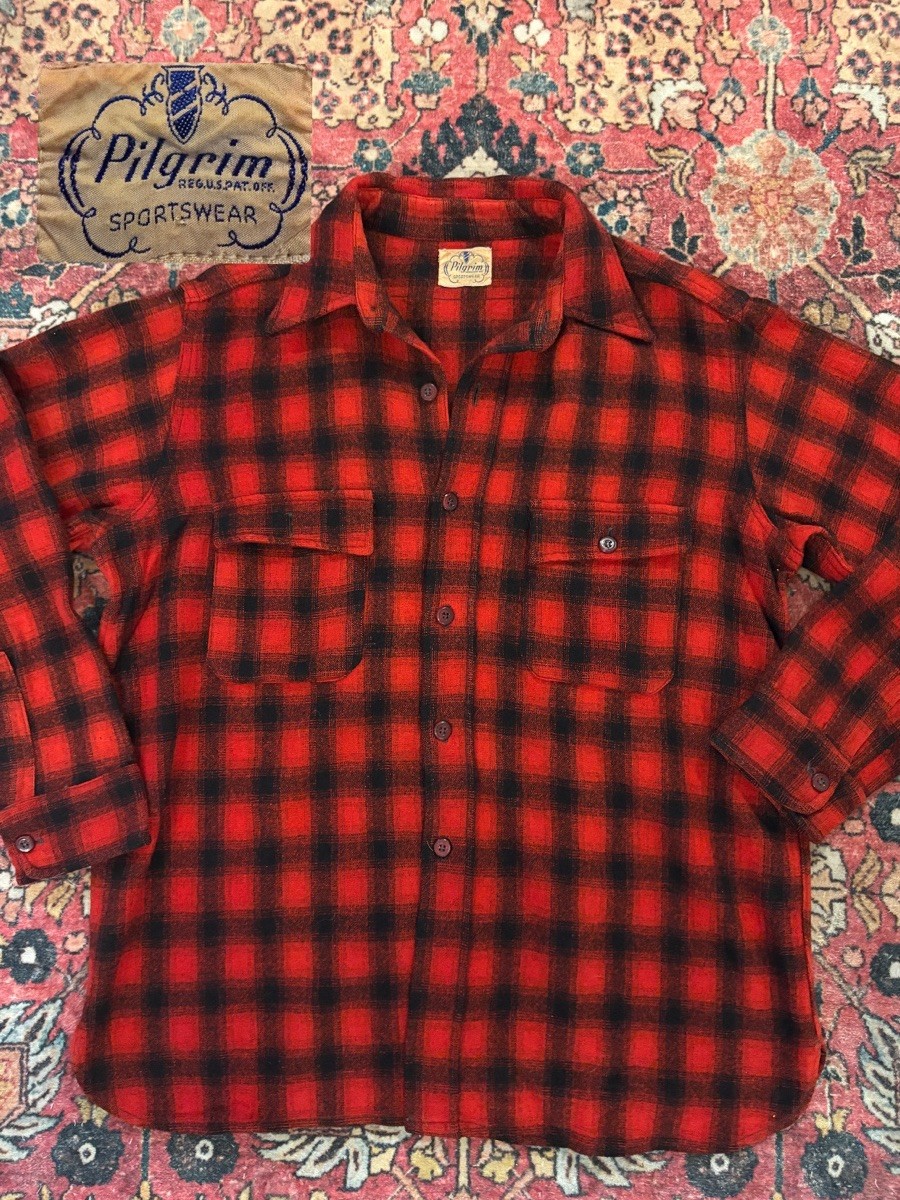 VTG 40s 50s Pilgrim Shadow Plaid Cotton Collar Flannel Shirt Size L Red Wool