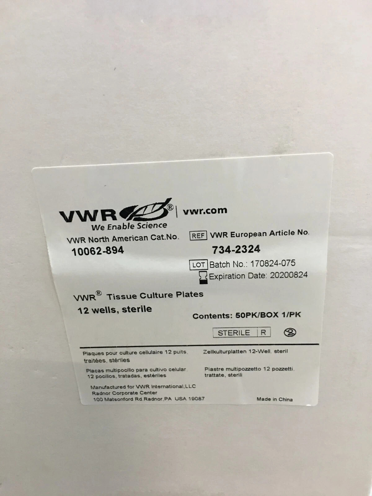 VWR Cat No 10062-894 Tissue Culture Plates 12 Wells VWR Cat No 10062-894 Tissue Culture Plates 12 Wells