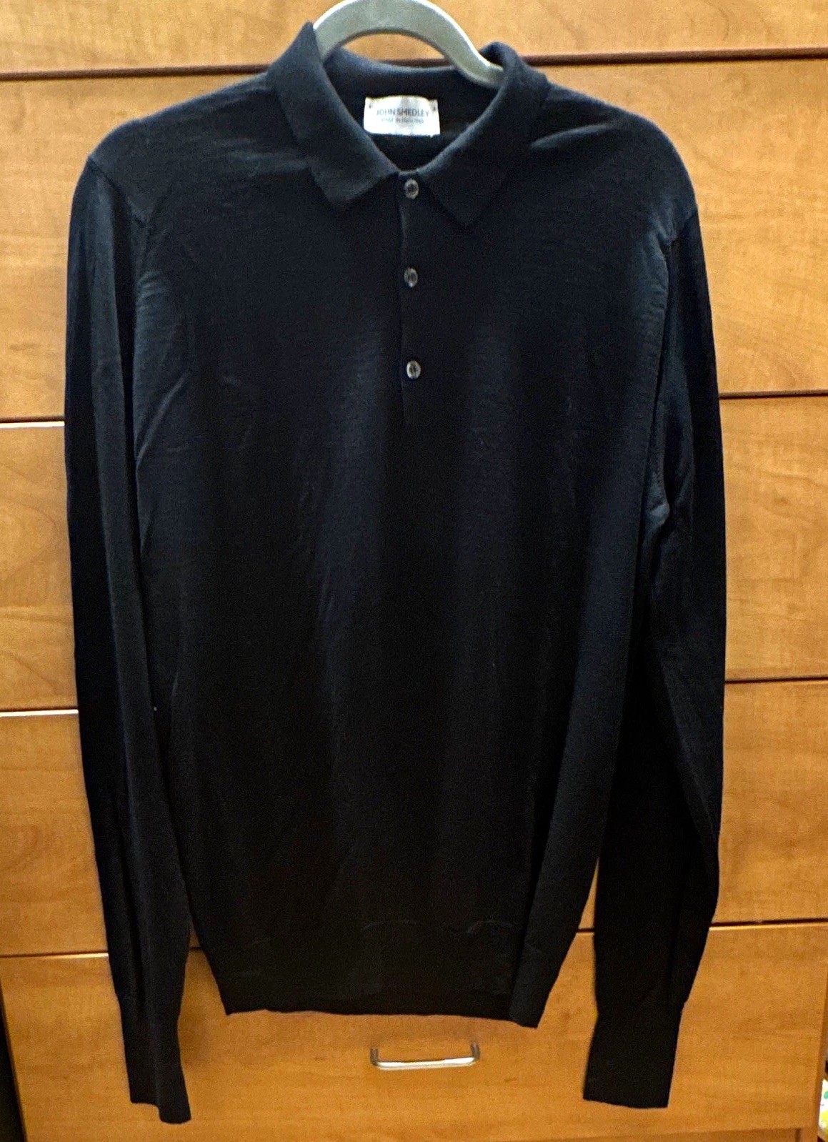 John Smedley 100% Merino Wool Black Knit Polo Shirt L L/S Button Collar