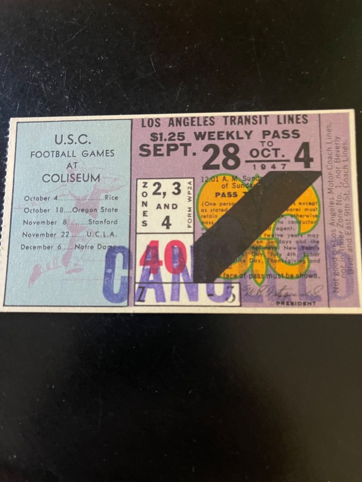 trolley street car pass ticket Los Angeles transit 1947 USC football trolley street car pass ticket Los Angeles transit 1947 USC football