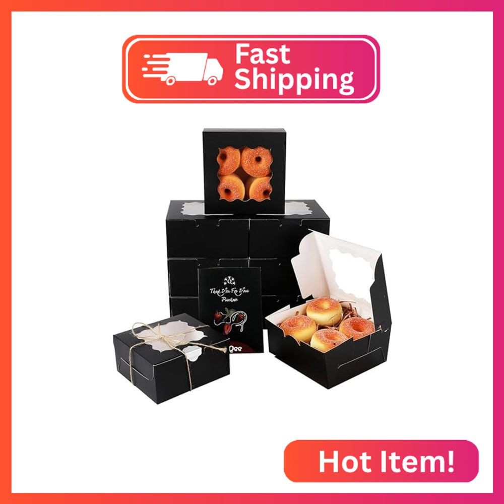 qiqee Black Cookie Boxes with Window 36packs 6x6x3 Black Bakery Box Pastry Box f