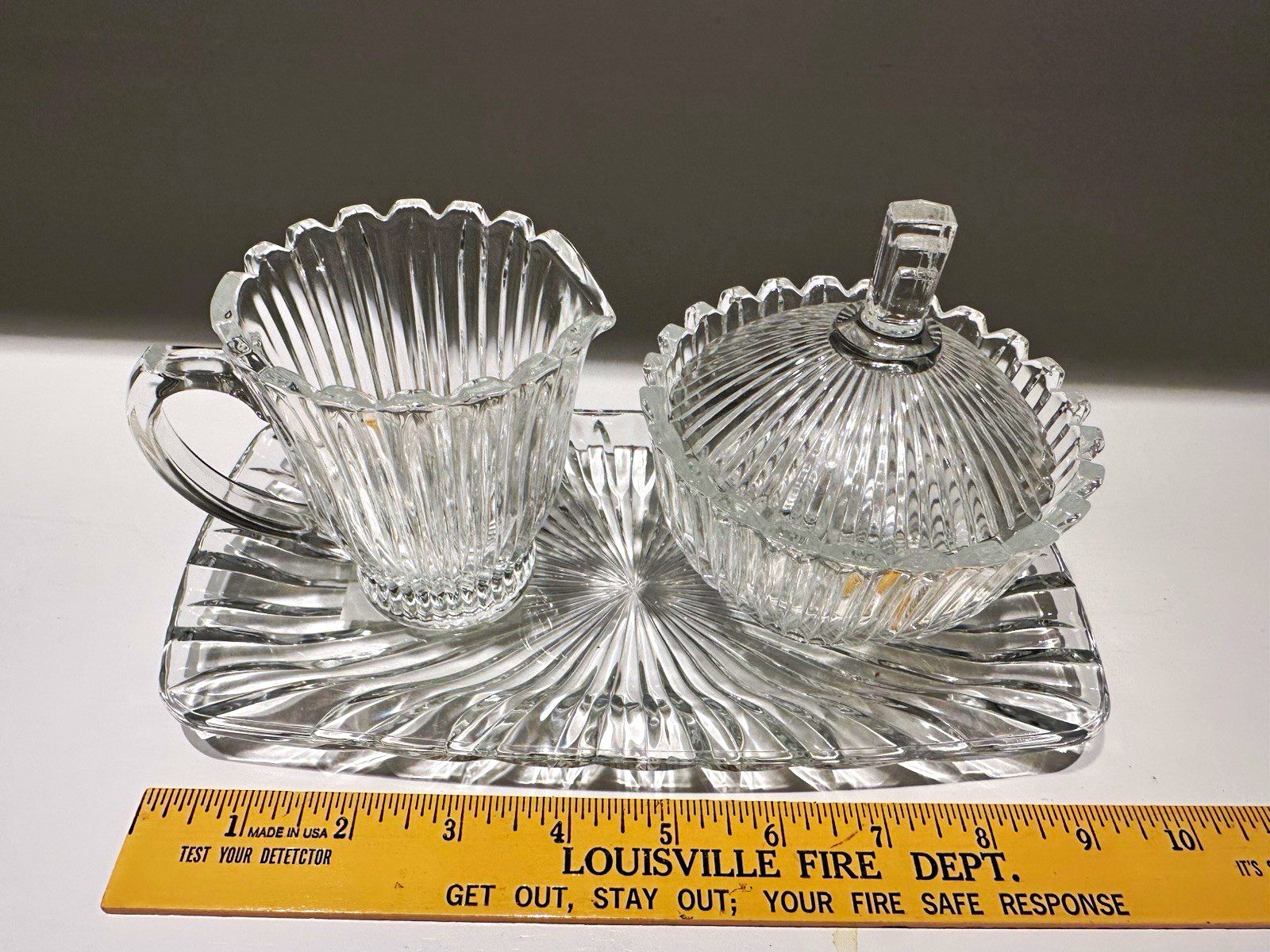 Mikasa Royal Suite Glass Creamer & Lidded Sugar Bowl Set w/ Handles & Tray (4pc) Mikasa Royal Suite Glass Creamer & Lidded Sugar Bowl Set w/ Handles & Tray (4pc)