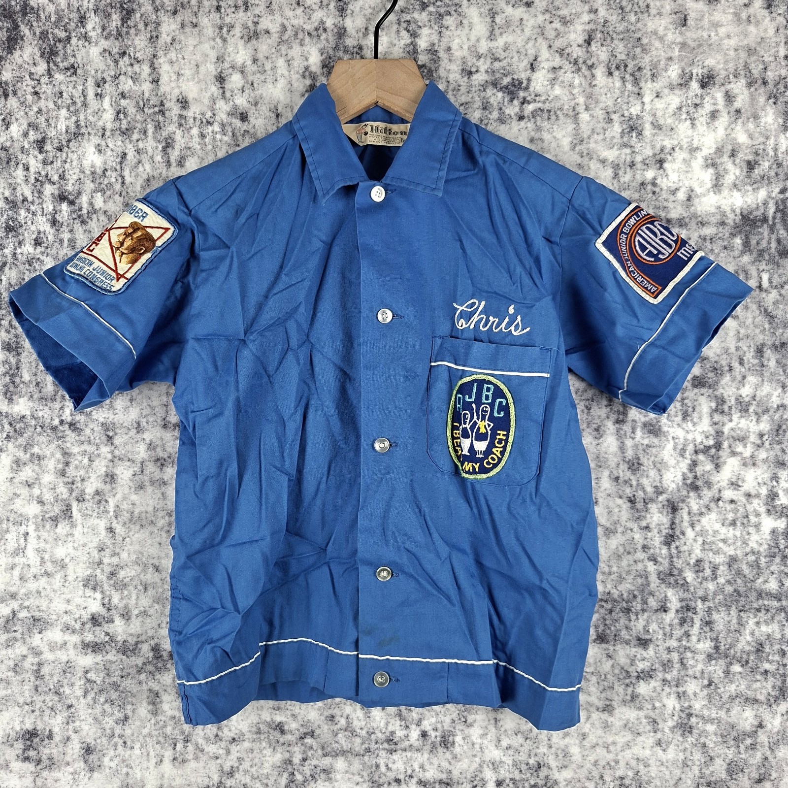 Vintage 60s 70s Hilton Blue Chain Stitch Patch Kids Button Down Bowling Shirt
