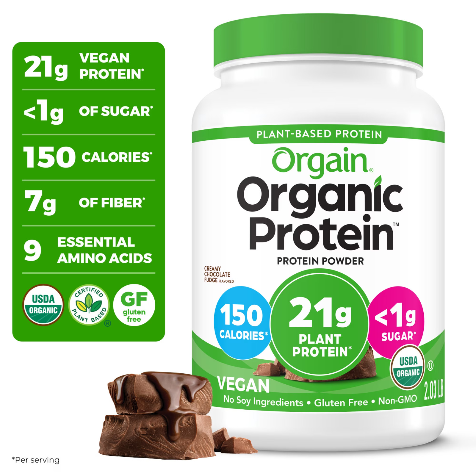 Orgain Organic Vegan Protein Powder Creamy Chocolate 21g Plant Based 2.03 lb