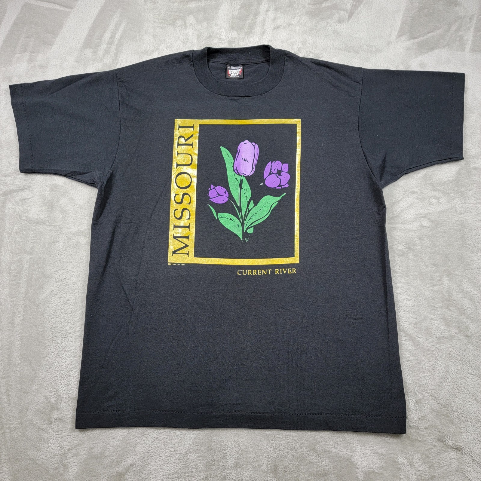 Vintage 90s Current River Missouri Nature Tee Purple Floral Single Stitch XL
