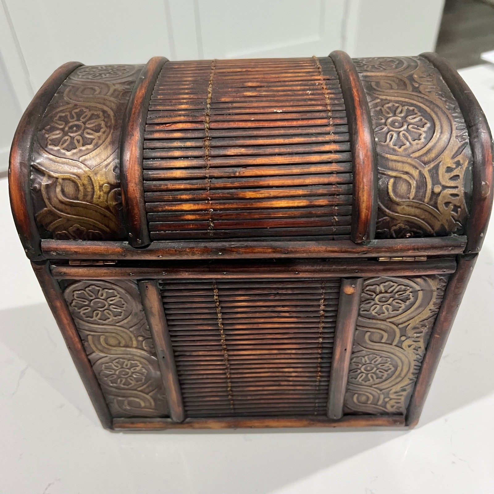 VTG Wooden Treasure Chest Bamboo Slats Embossed Floral Jewelry Box Latch - RARE VTG Wooden Treasure Chest Bamboo Slats Embossed Floral Jewelry Box Latch - RARE
