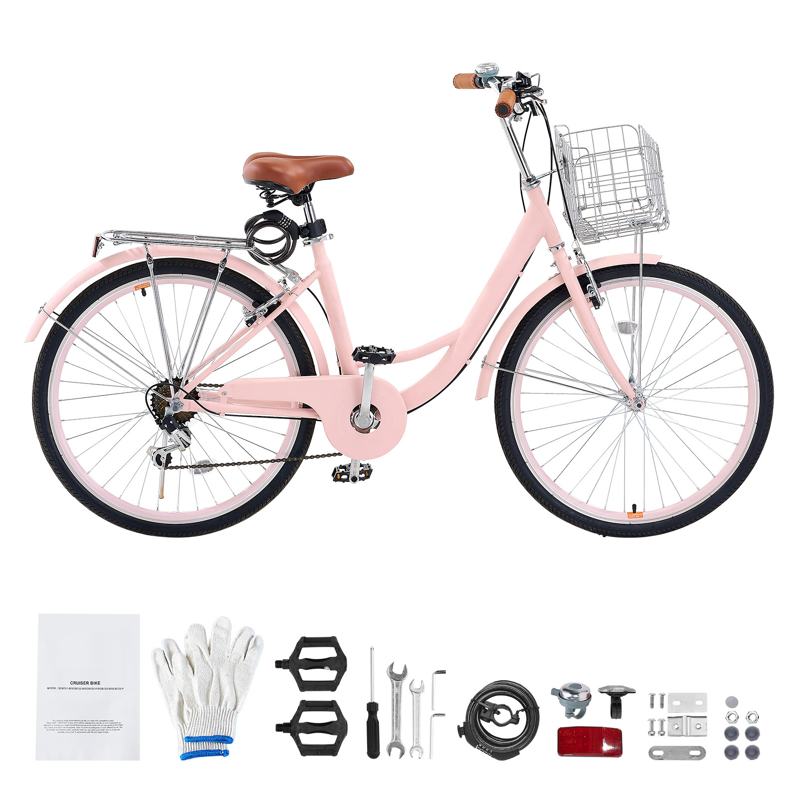 26 Inch Ladies\' Charleston Cruiser Bike 7-Speed Pink Beach City Bicycle w/Basket