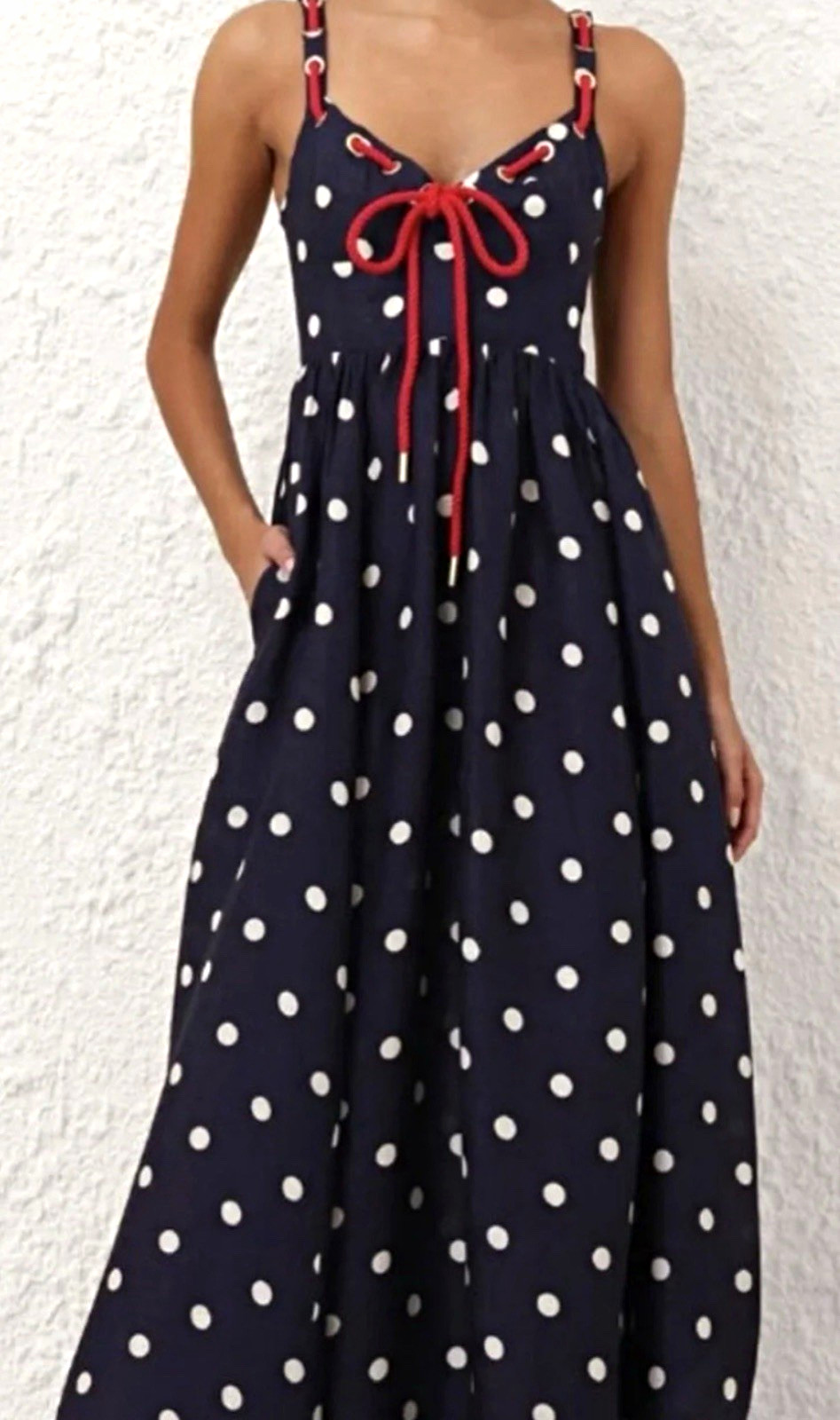 ZIMMERMANN Navy Polka Dot Maxi Dress V-Neck Spaghetti Straps Bow Size 1