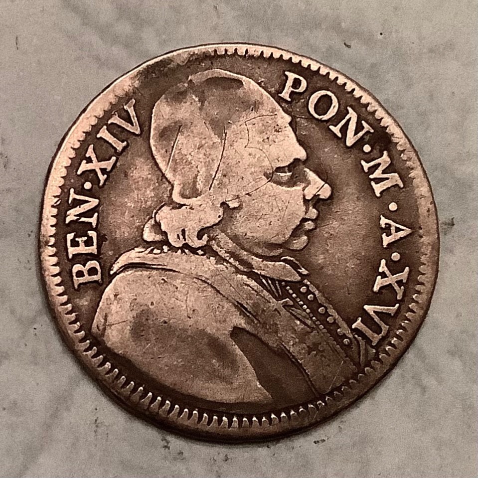 ~ ITALY - 1755 Papal States Doppio / 2 Giulio - Pope Benedict XIV