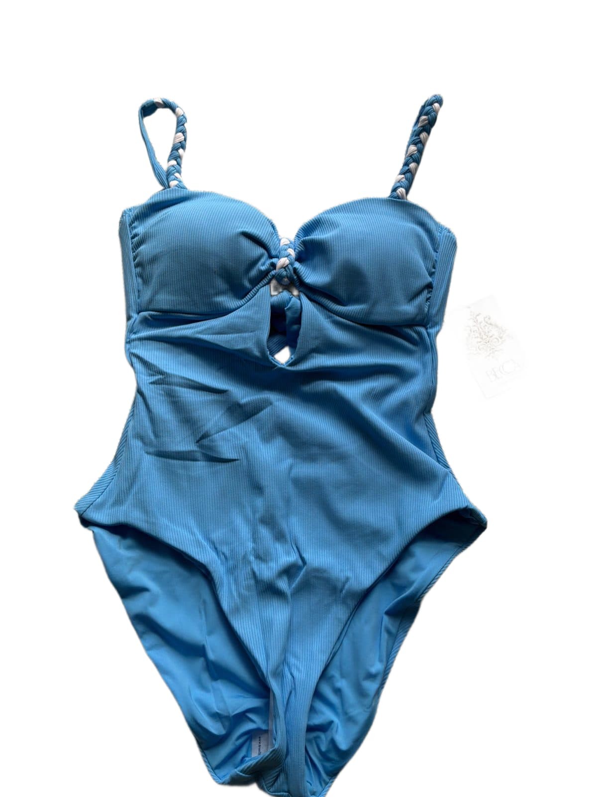 BECCA by Rebecca Virtue One Piece Swimsuit Medium Blue Ribbed Braided Strap NWT BECCA by Rebecca Virtue One Piece Swimsuit Medium Blue Ribbed Braided Strap NWT