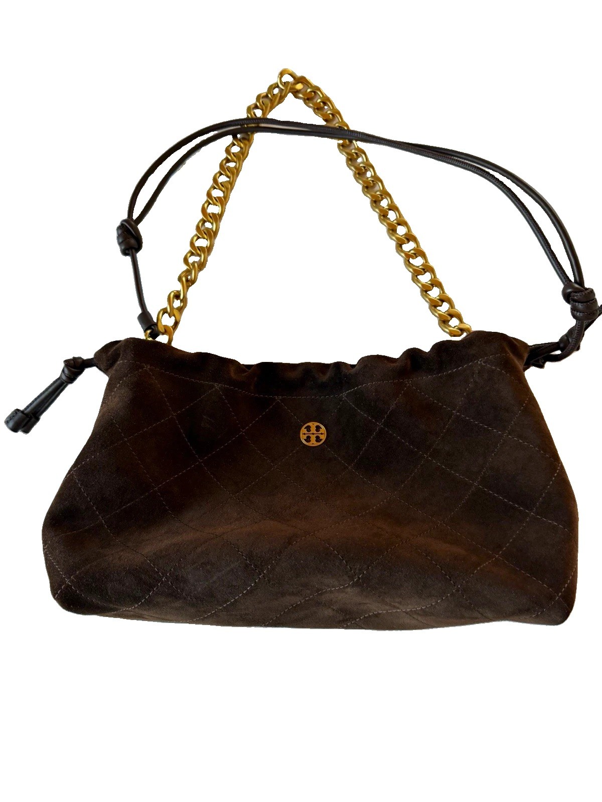 Tory Burch Suede Brown Quilted Drawstring Shoulder Bag Gold Chain, Medium Tory Burch Suede Brown Quilted Drawstring Shoulder Bag Gold Chain, Medium