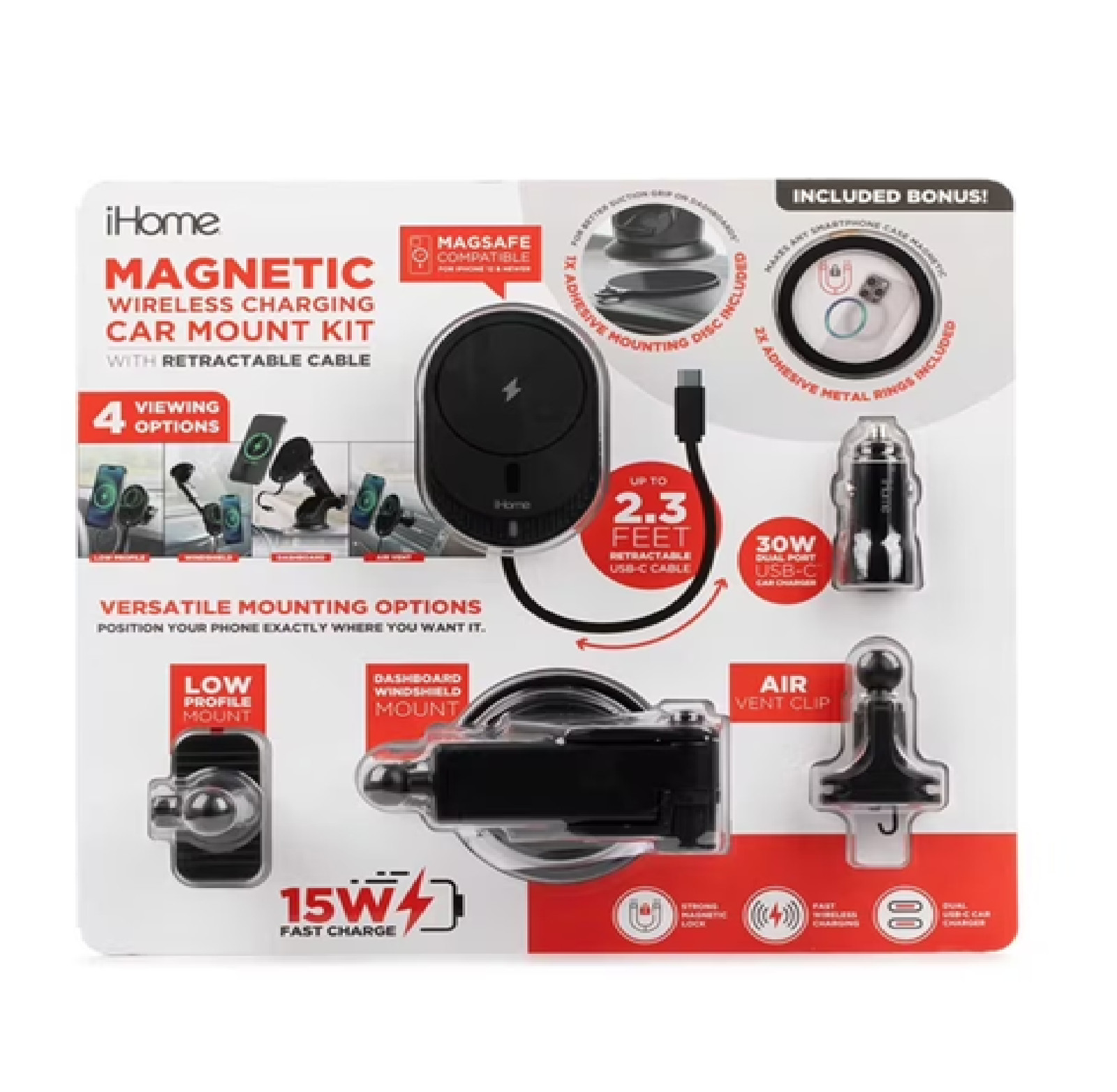 iHome 15W Magnetic Wireless Charging Car Mount 8pc Kit with Retractable Cable