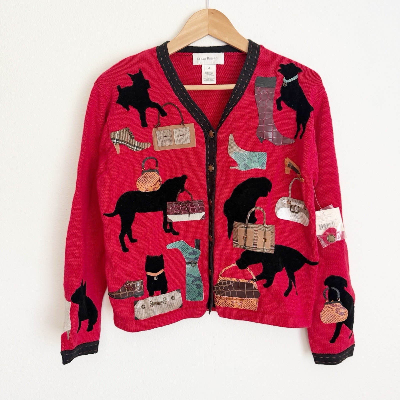 NWT Vintage Susan Bristol Sweater Cardigan Womens Red  Appliqué Dog Purse Shoe