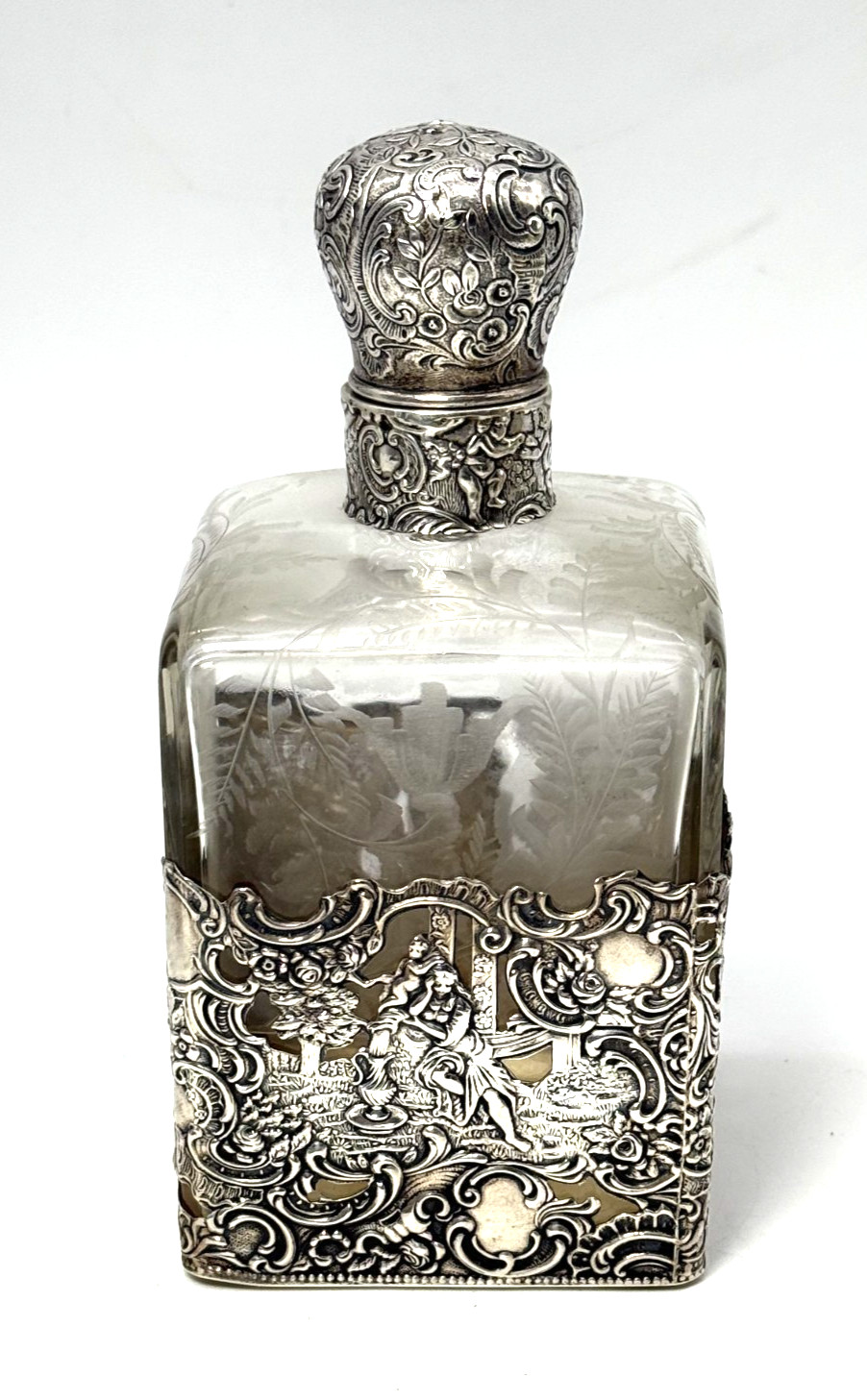 Antique 1890\'s  Hanau  800 Silver Overlay  High Relief Etched Decanter Bottle