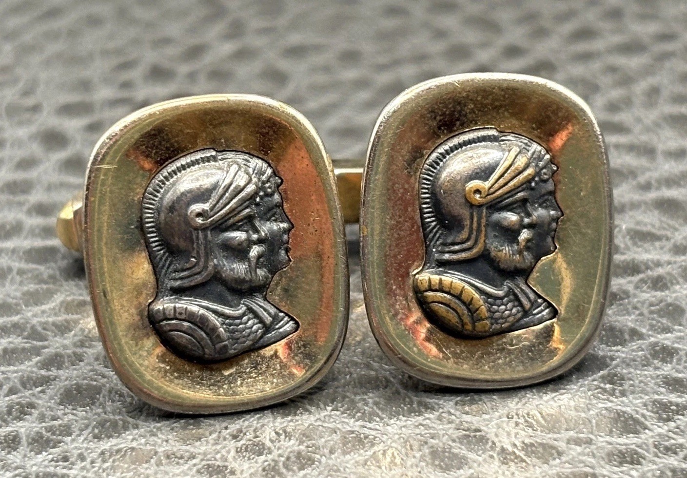 Vintage Anson Roman Soldier Cameo Profile Cufflinks Two Tone Gold Tone