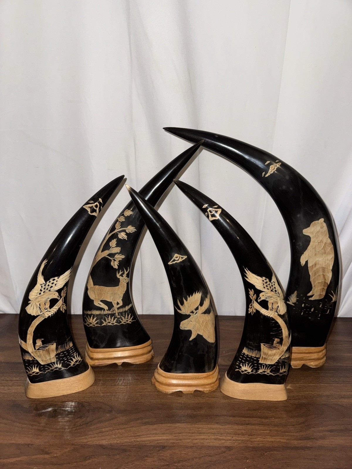 Vintage Hand Carved Buffalo Horn Lot Of 5 - Moose, Eagles, Deer, & Bear