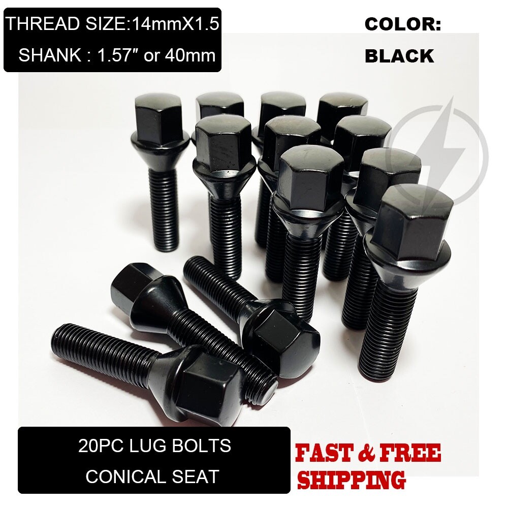 20PC 14X1.5 THREAD CONICAL SEAT LUG BOLTS 1.57'' 40MM BLACK FIT AUDI MERCEDES