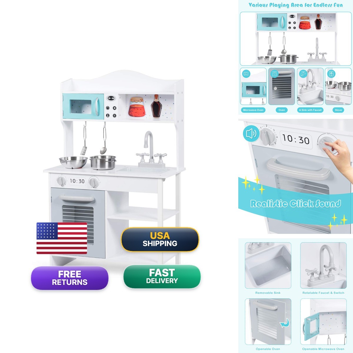 HONEY JOY Kids Kitchen Playset Wooden Play Kitchen Set Microwave Sink Stove
