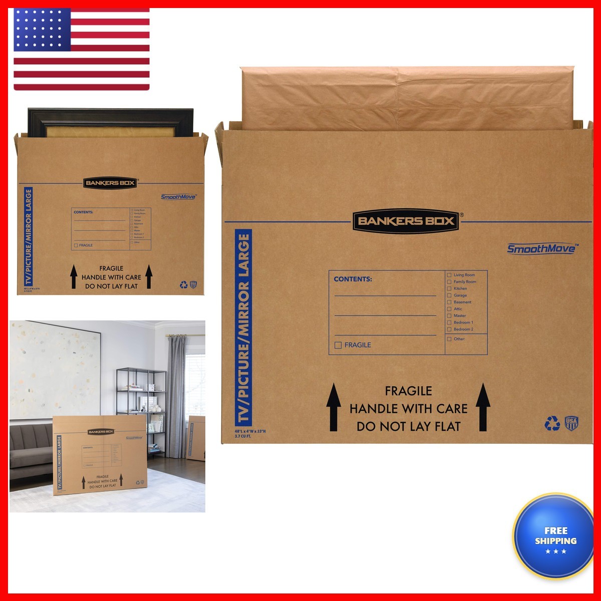 Bankers Box 7711301 4-Pack Large TV Picture Mirror Moving Boxes
