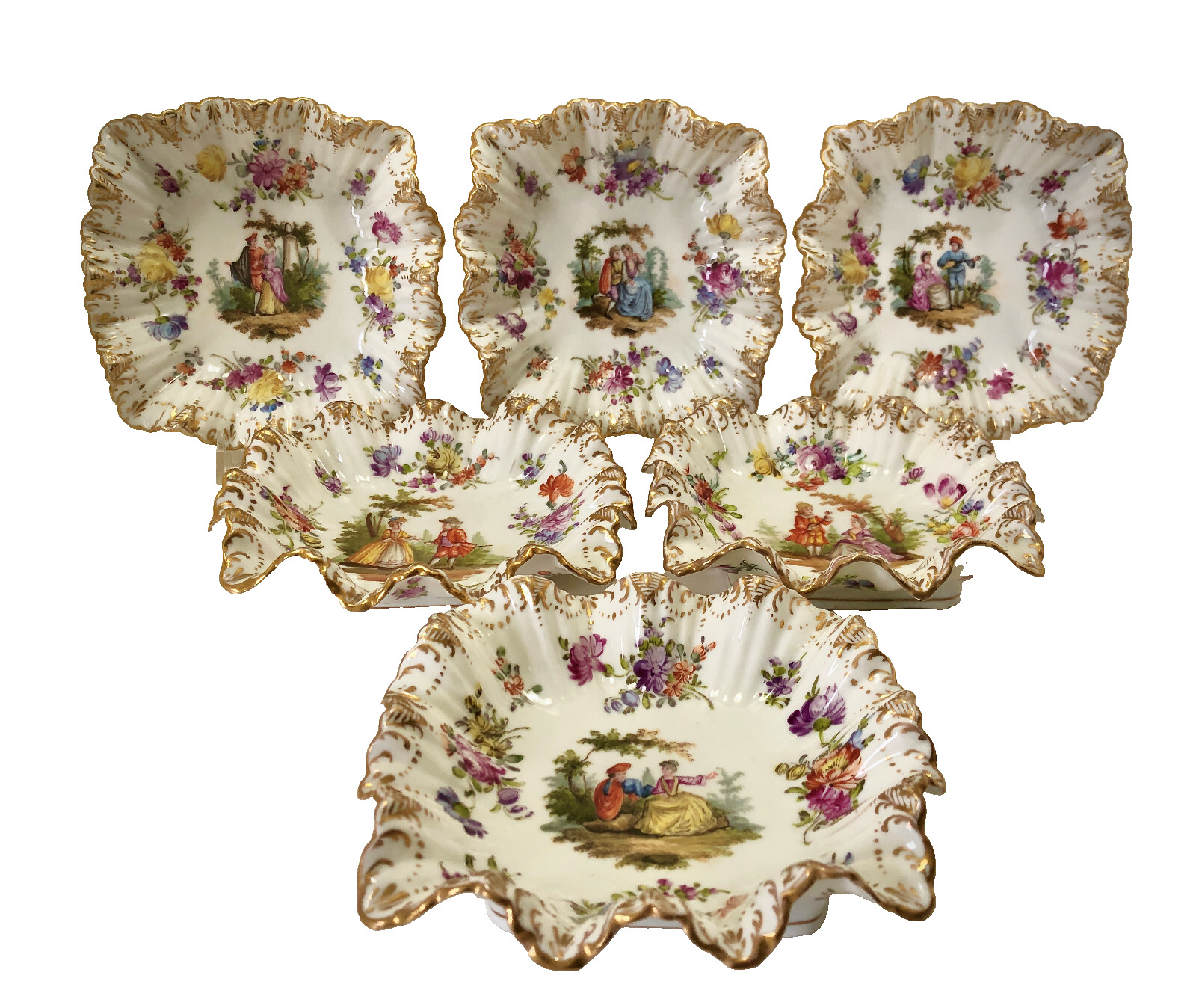 Set 6 Antique Dresden Franziska Hirsch Porcelain Dessert Bowls Courting Scenes