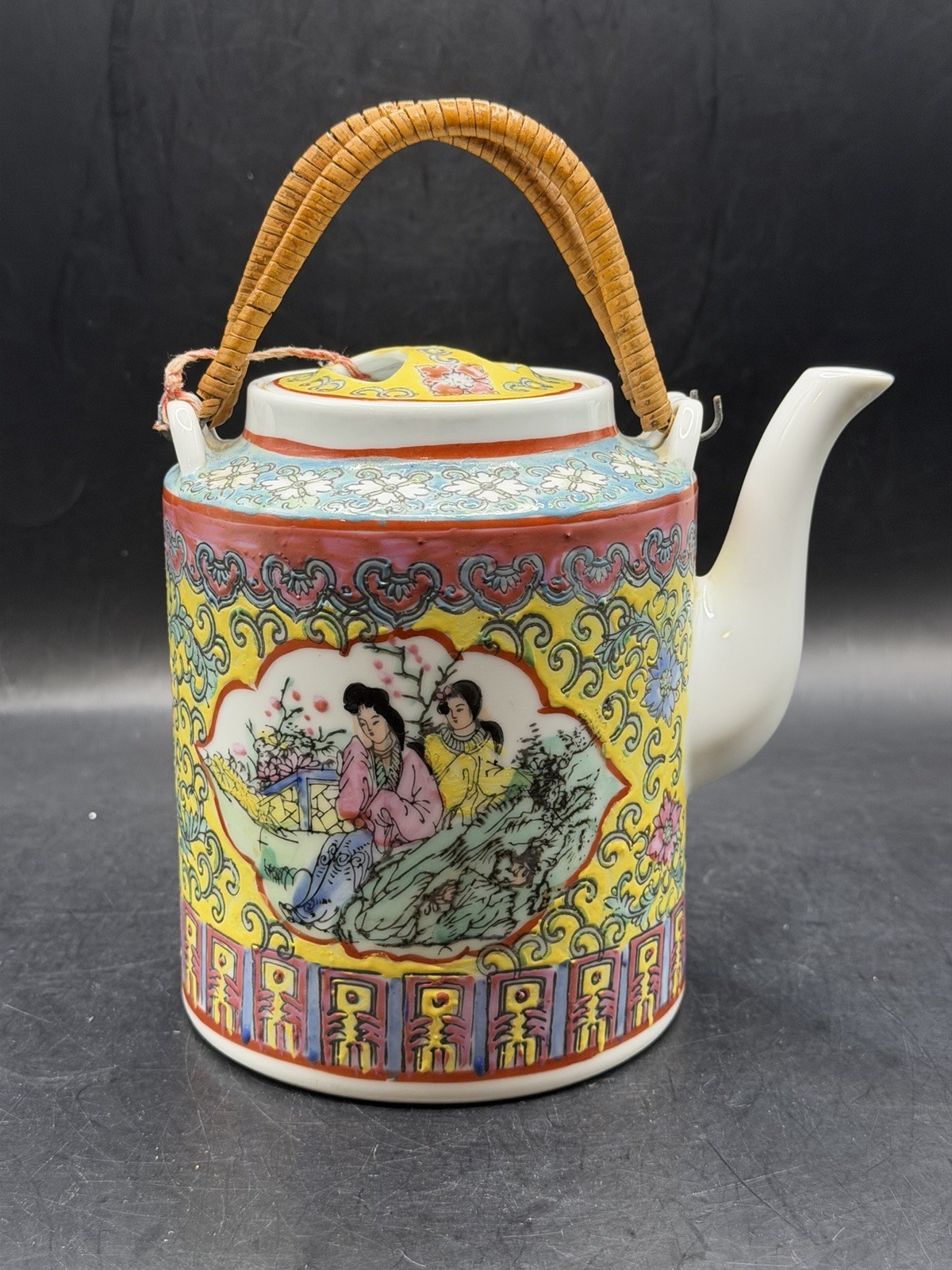 Antique Qing Chinese Famille Rose Yellow Hand-Painted Teapot with Lid & Handles