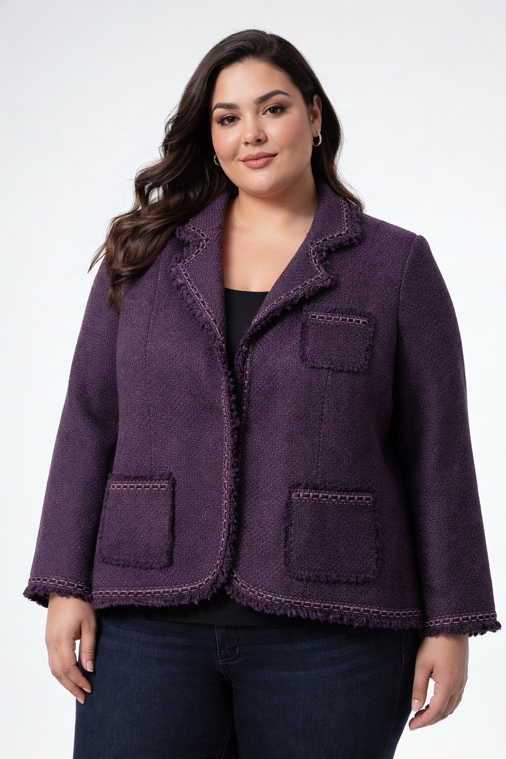NWT Dialogue Plum Purple Tweed Fringed Jacket Womens Plus Size 22W Wool Blend